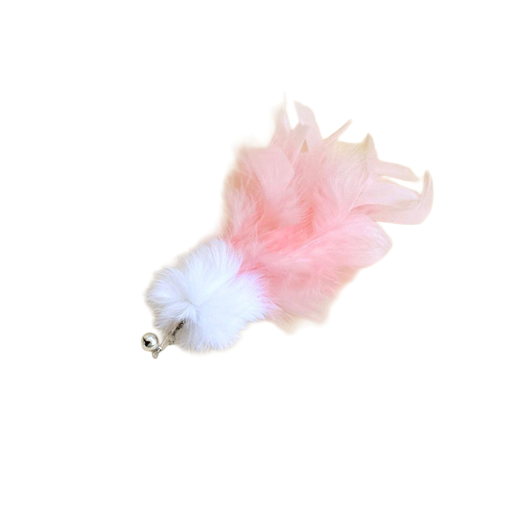 Light Pink feather cat teaser replacement head with white pom-pom, clip and bell