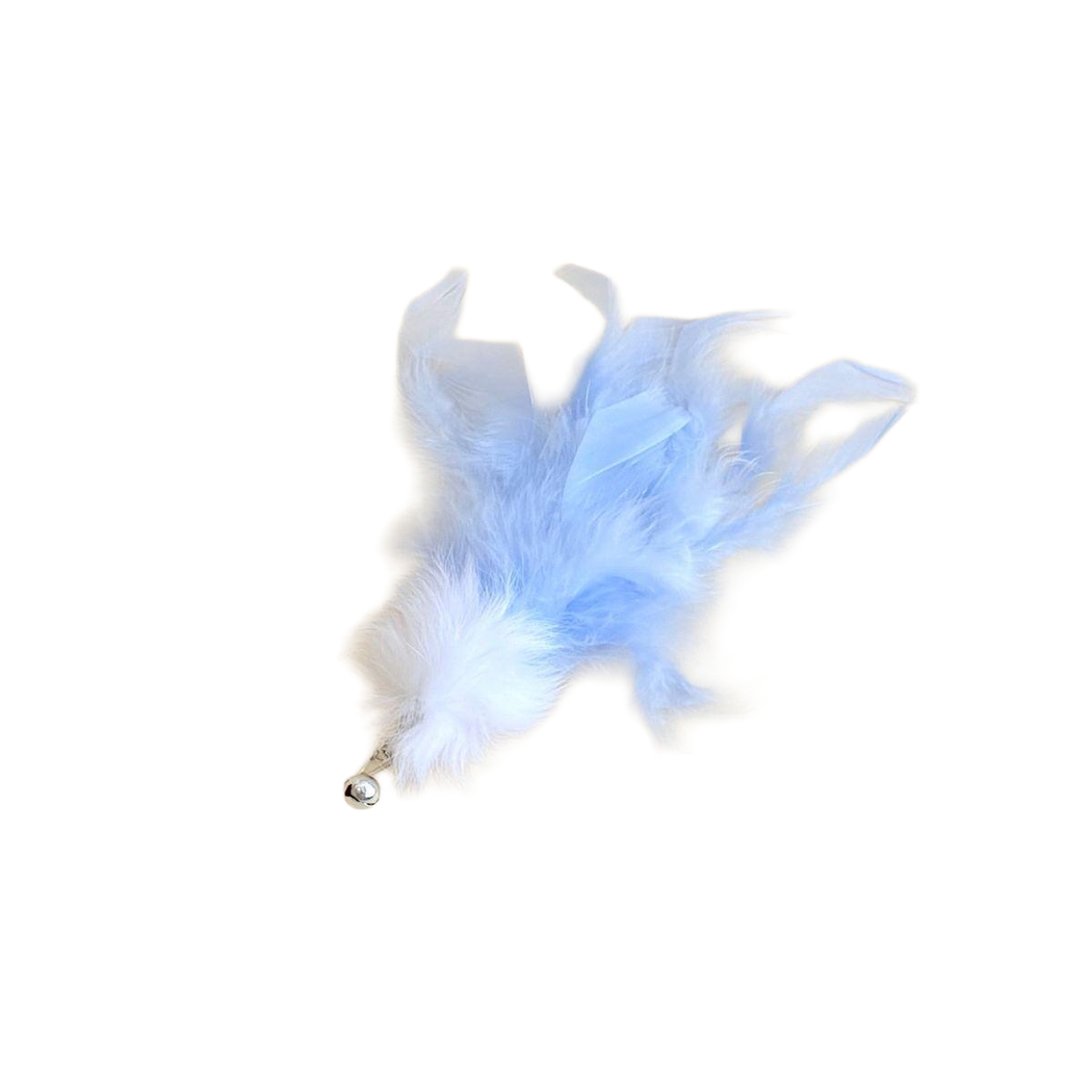 Light Blue feather cat teaser replacement head with white pom-pom, clip and bell