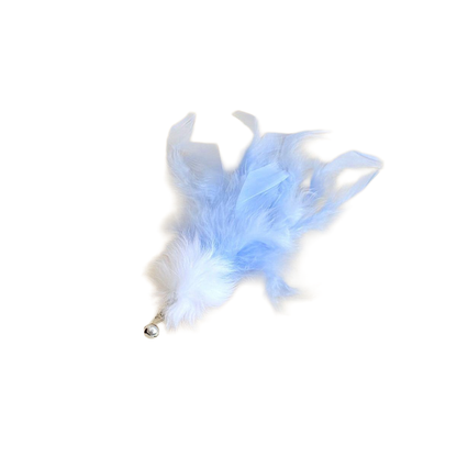 Light Blue feather cat teaser replacement head with white pom-pom, clip and bell