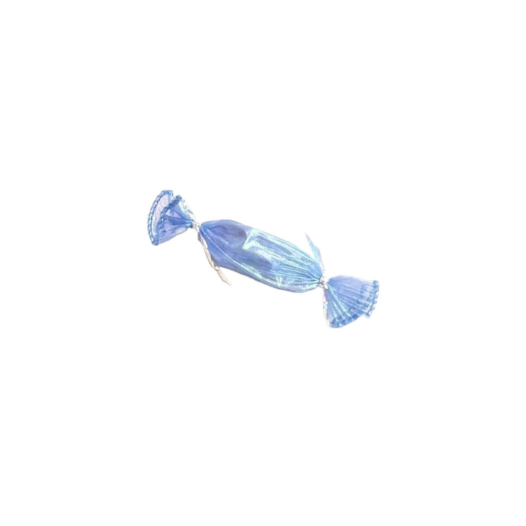 Blue candy-shaped cat toy with iridescent ridged surface