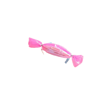 Pink candy-shaped cat toy on a textured white background