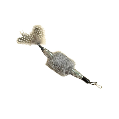 Gray cat teaser wand attachment with shaggy center, mesh ends and feather tail