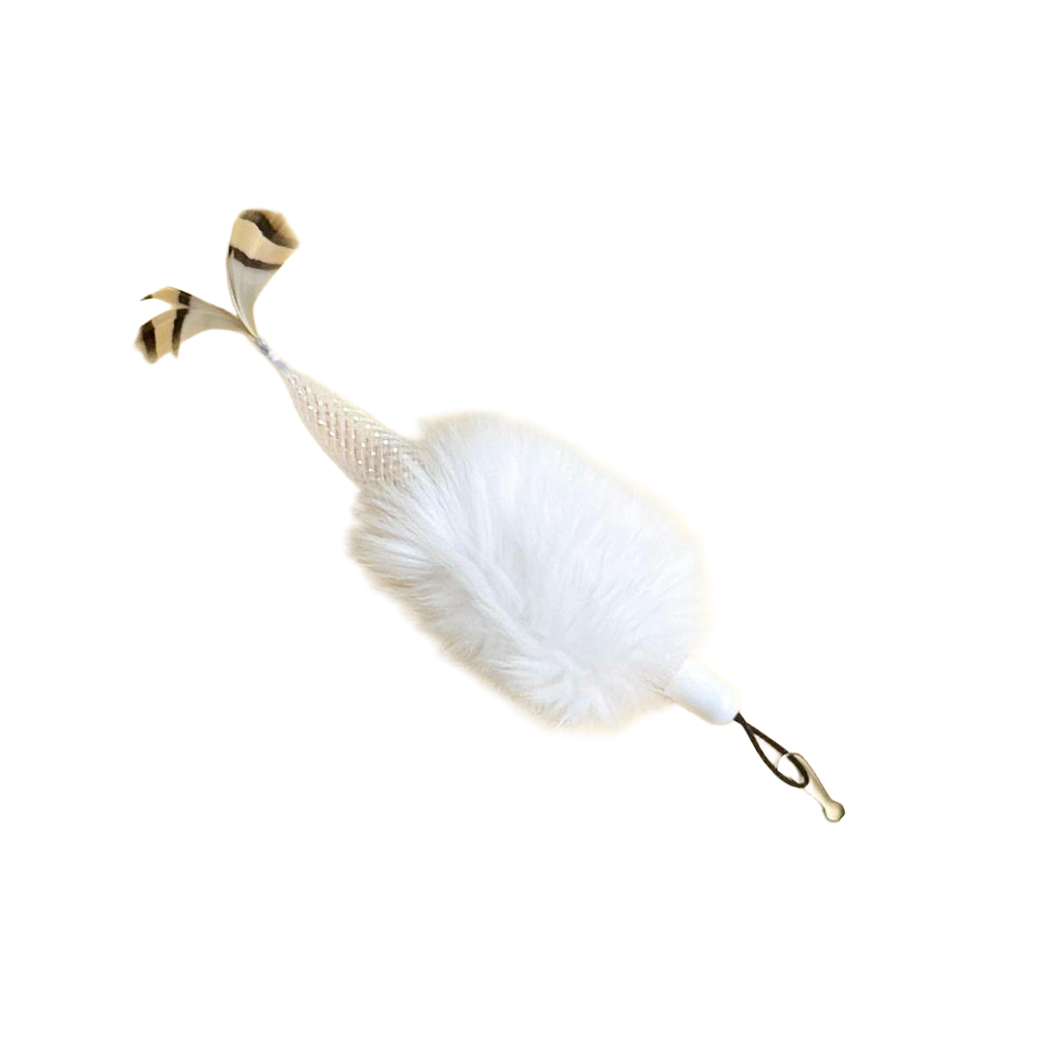 White cat teaser wand attachment with feather tail and connector loop