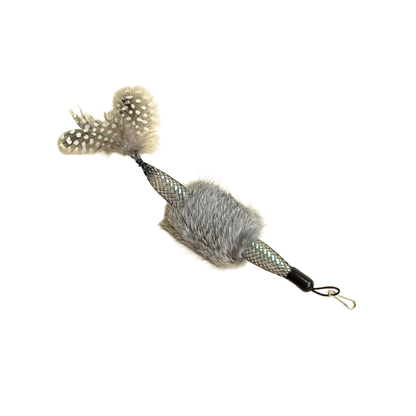 Gray cat teaser wand attachment with feather tail and connector loop