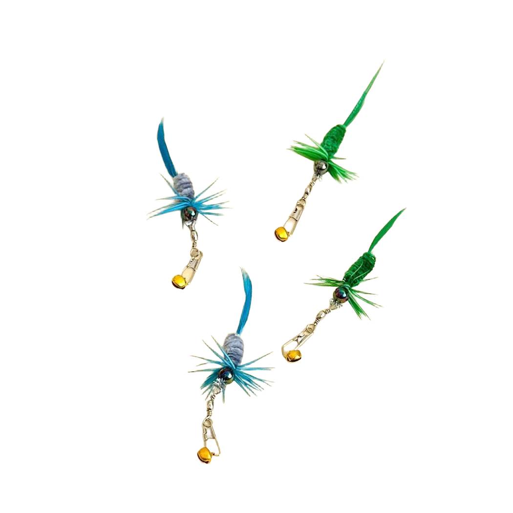 Green and blue-gray cat wand replacement attachments with clips and bells