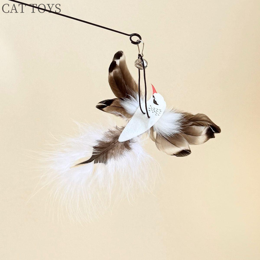 Bird-shaped cat teaser replacement head suspended from a wand