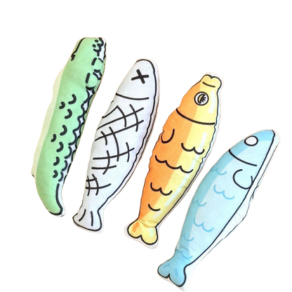 Four animal-shaped cat toys with visible stitched edges