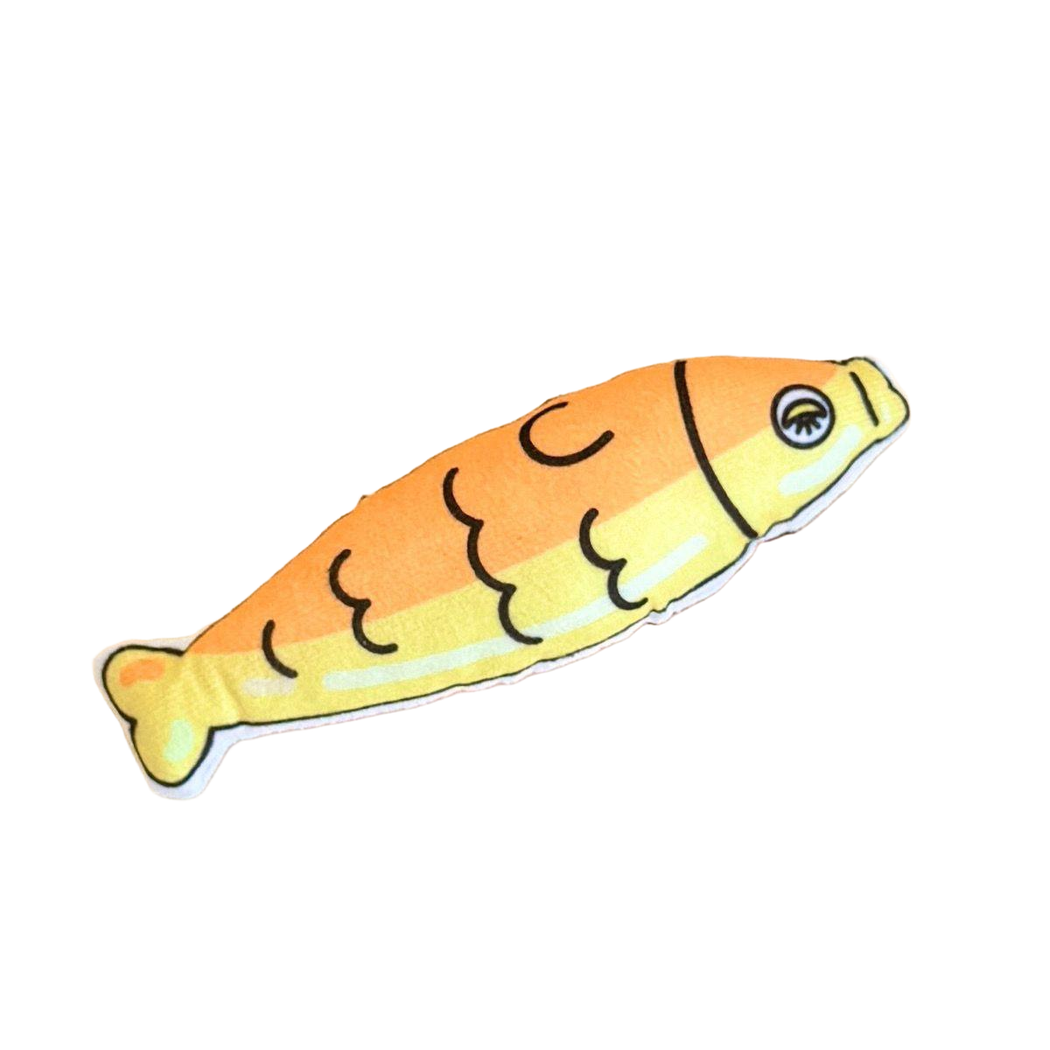 Yellow Fish cat toy with cartoon scale pattern