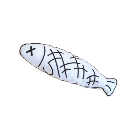 White Fish cat toy with black crosshatch pattern