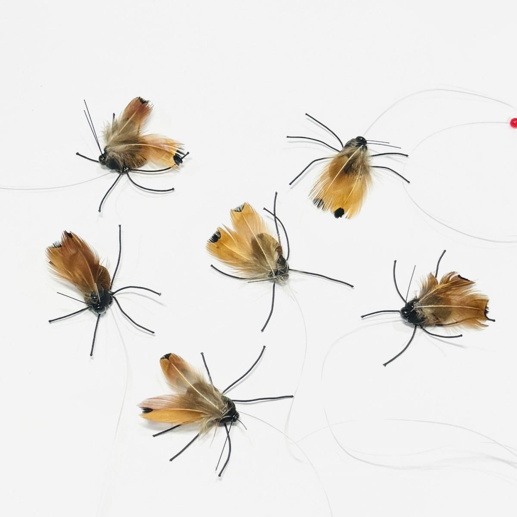 Six brown and orange moth-shaped cat toy lures displayed together
