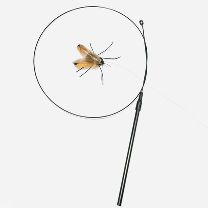 Moth-shaped cat toy lure displayed with a black teaser wand