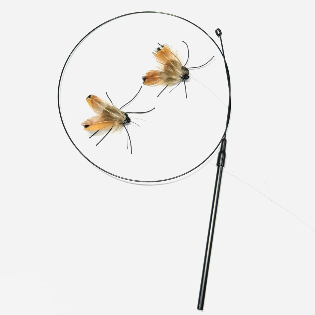 Two moth-shaped cat toy lures displayed with a black teaser wand