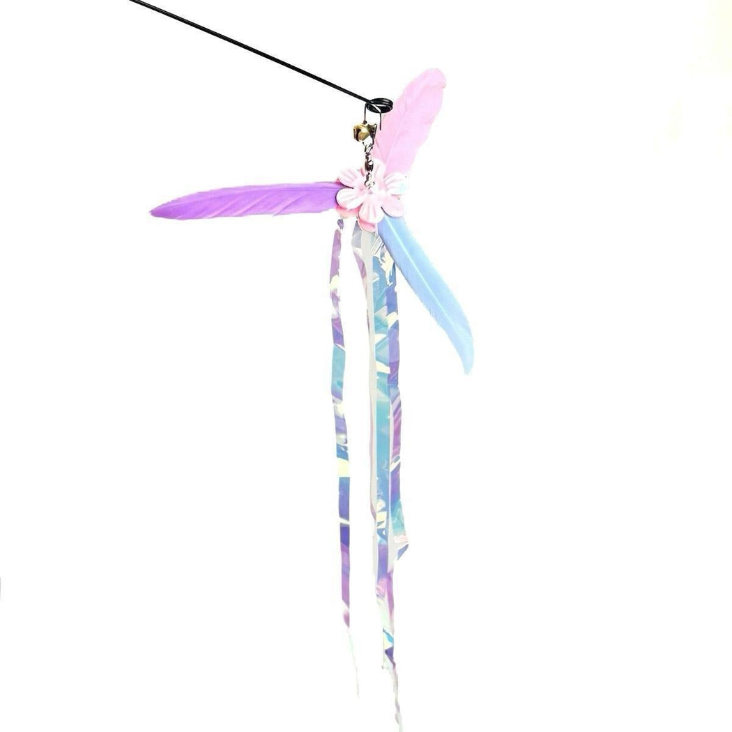 Multicolor cat teaser wand attachment with flower center, bell and long iridescent streamers