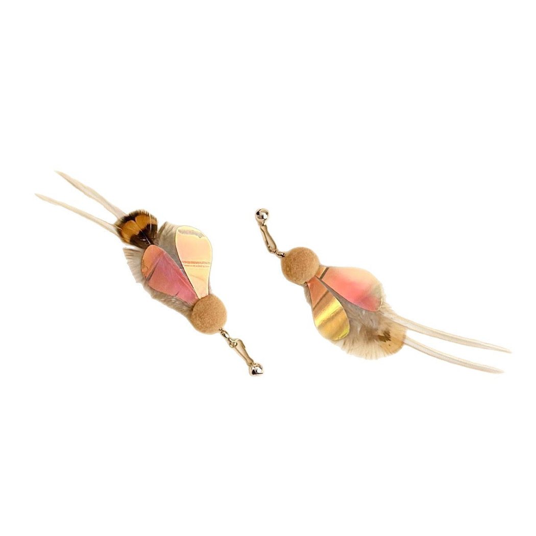 Two multicolor feather cat teaser replacement attachments with pom-poms and bells
