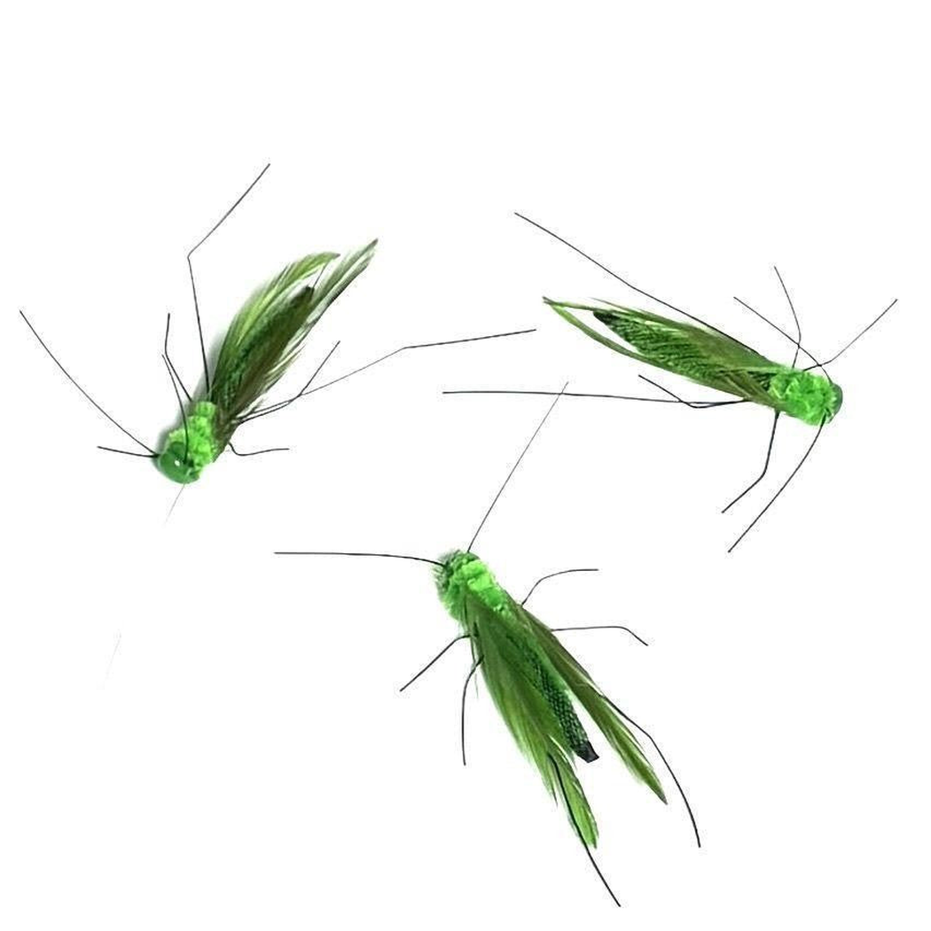 Three green grasshopper-shaped cat teaser attachments displayed together