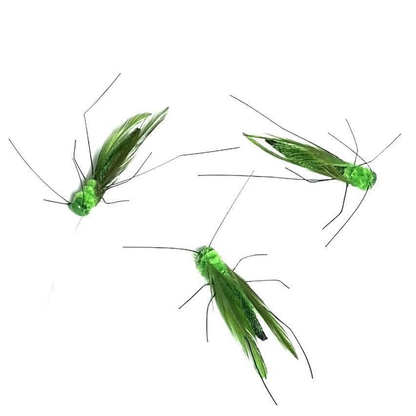 Three green grasshopper-shaped cat teaser attachments displayed together
