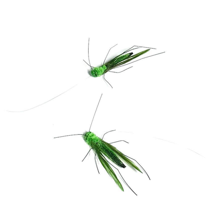 Two green grasshopper-shaped cat teaser attachments in alternate views