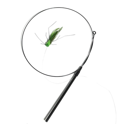 Close-up of a green grasshopper-shaped attachment connected to a circular teaser wand