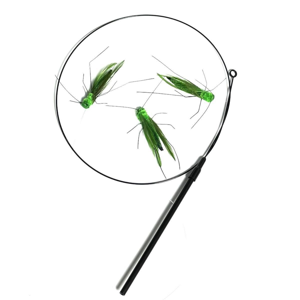 Circular cat teaser wand displayed with three green grasshopper-shaped attachments