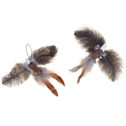 Two feathered eagle-shaped cat wand replacement heads displayed together