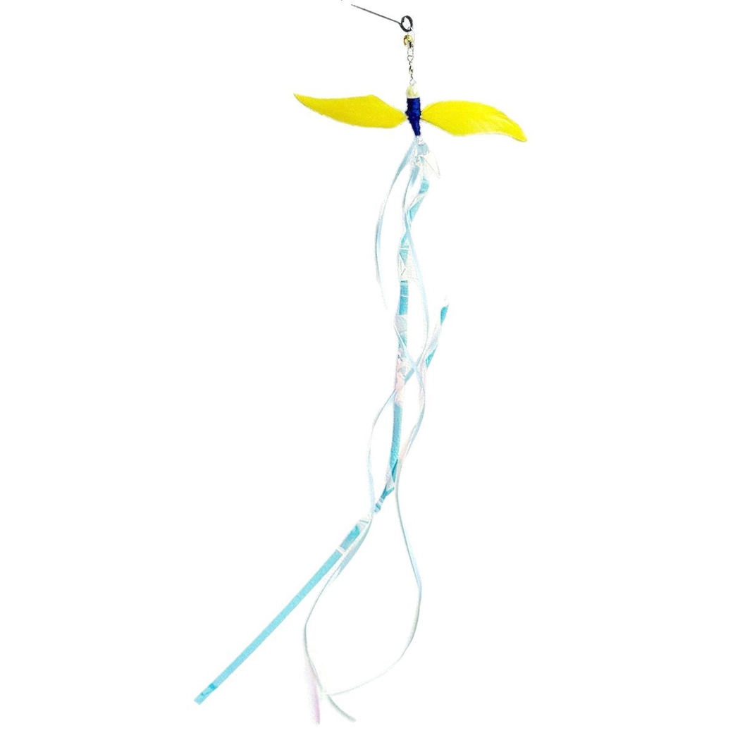 Yellow feather-wing cat teaser attachment with pale blue ribbon streamers