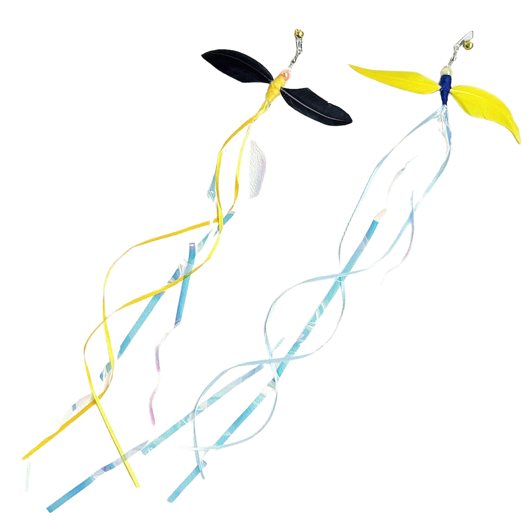 Black and yellow feather-wing cat teaser attachments with long ribbon streamers