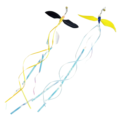 Black and yellow feather-wing cat teaser attachments with long ribbon streamers