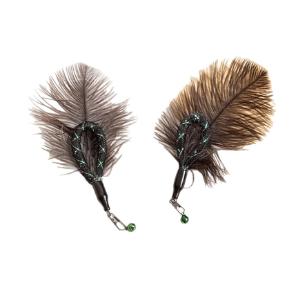 Two dark feather cat wand attachments on a white background