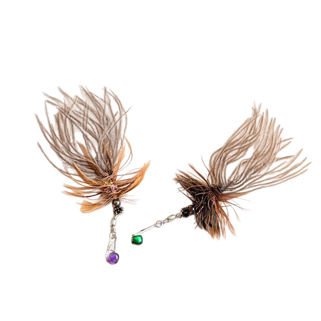 Two feather teaser replacement attachments with colored bells and silver-tone clasps