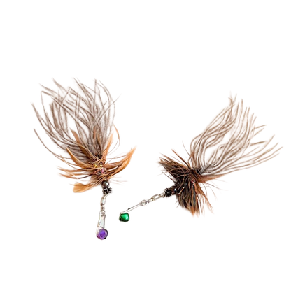 Two feather teaser replacement attachments arranged together with colored bells and clasps