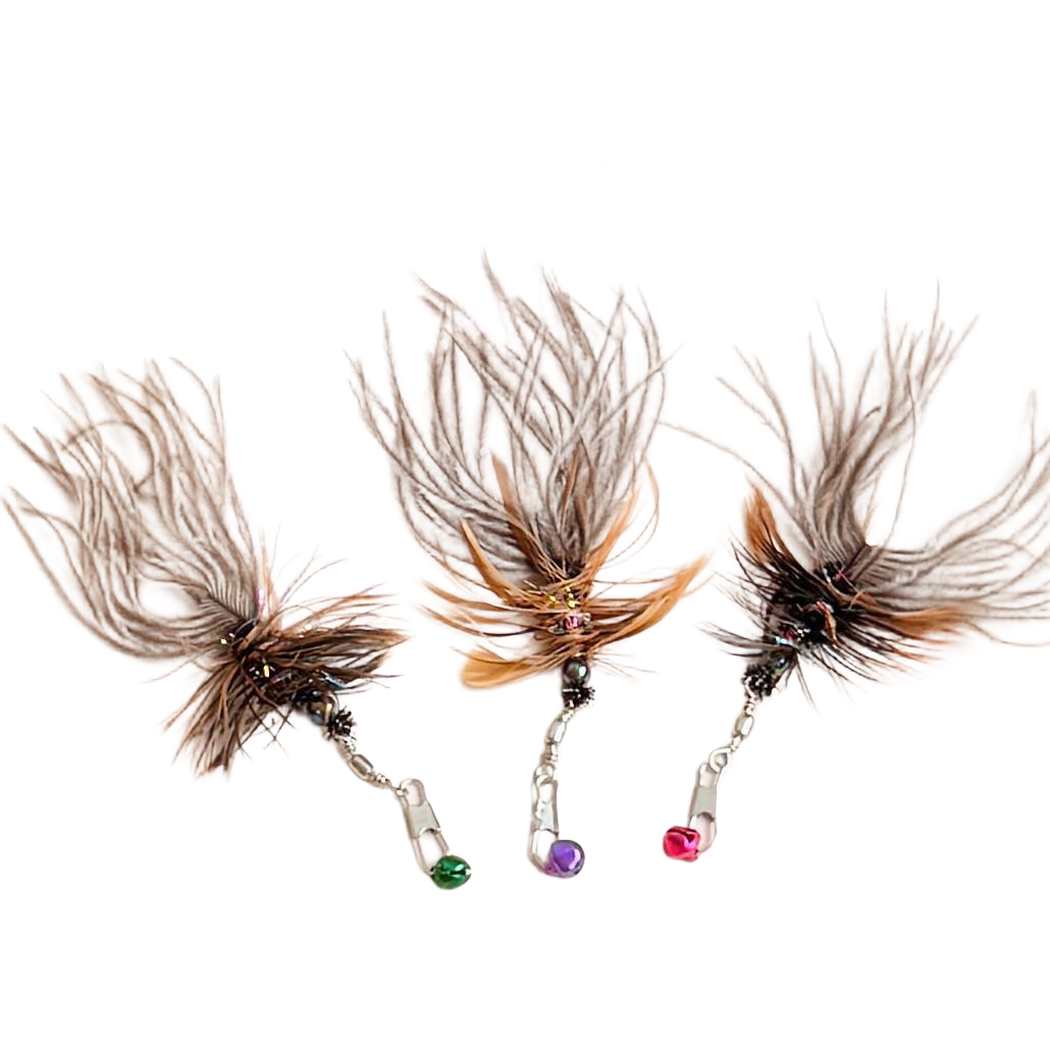 Three feather teaser replacement attachments with gray and brown plume clusters