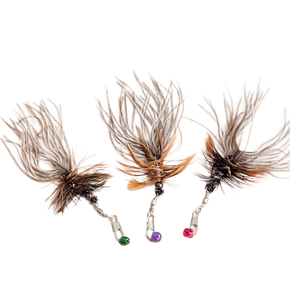 Three feather teaser replacement attachments with gray and brown plume clusters