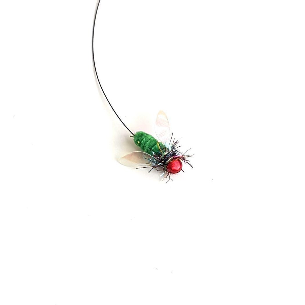 Fly-shaped cat teaser replacement head with green body, red head and translucent wings