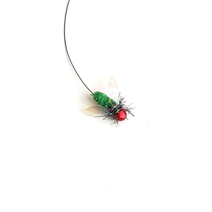 Fly-shaped cat teaser replacement head with green body, red head and translucent wings