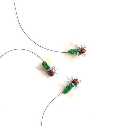 Three fly-shaped cat teaser replacement heads with long black attachment lines