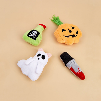 Potion, pumpkin, ghost, and knife Halloween cat toys displayed together