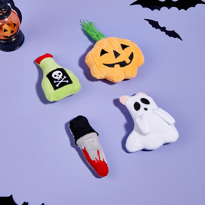 Four Halloween cat toy styles arranged with bat decorations on a purple background