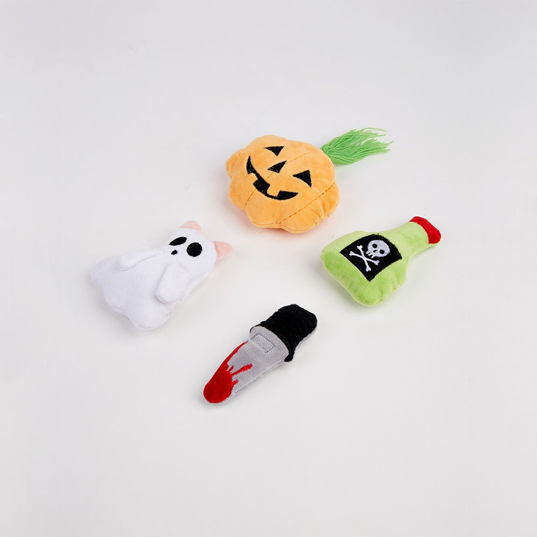 Four Halloween cat toy styles arranged on a white background