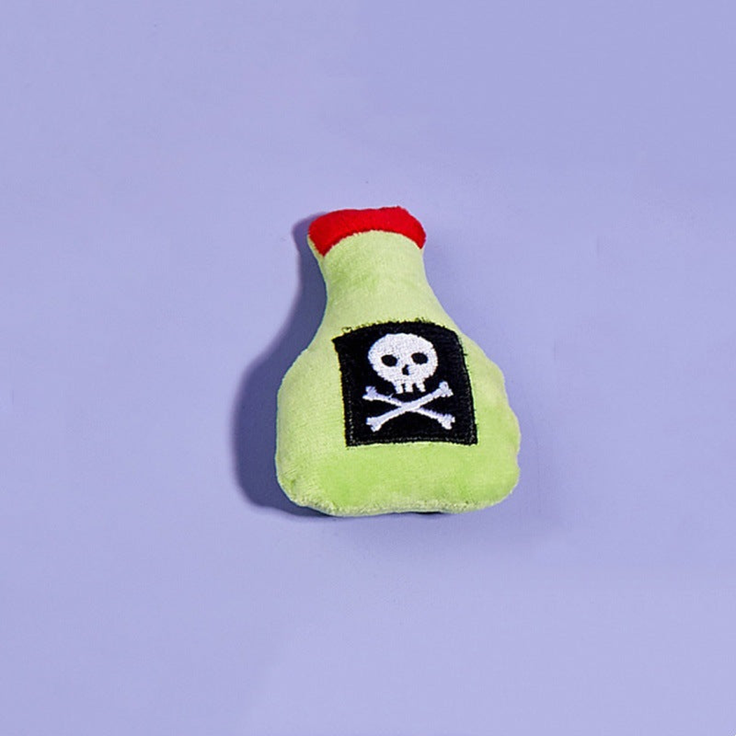 Potion style green bottle cat toy with skull-and-crossbones motif
