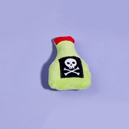 Potion style green bottle cat toy with skull-and-crossbones motif