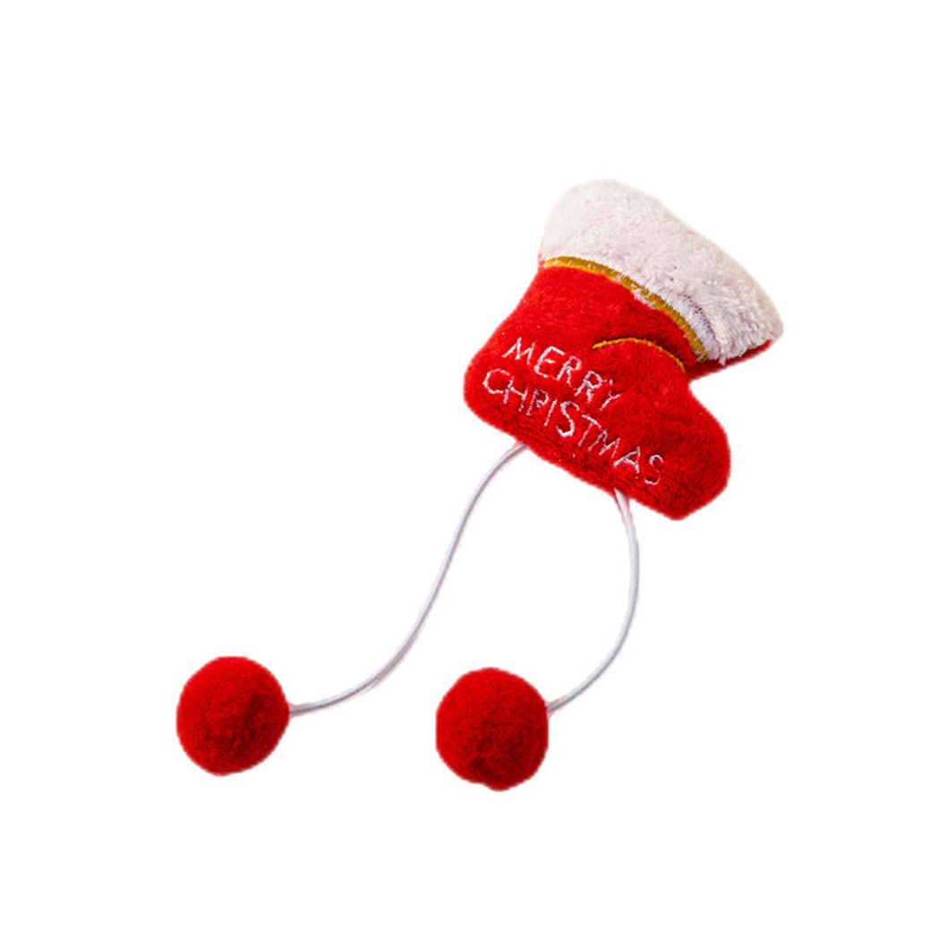 Red stocking-shaped pom-pom dangle cat toy in the Stocking style