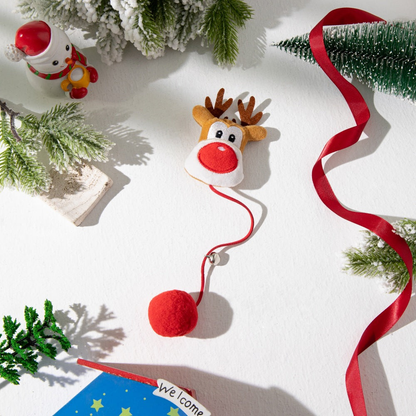 Reindeer Face pom-pom cat toy with red cord and bell