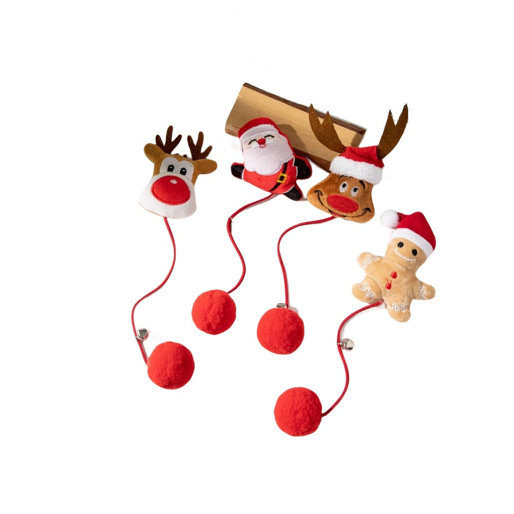 Four Christmas character pom-pom cat toy styles on a white background