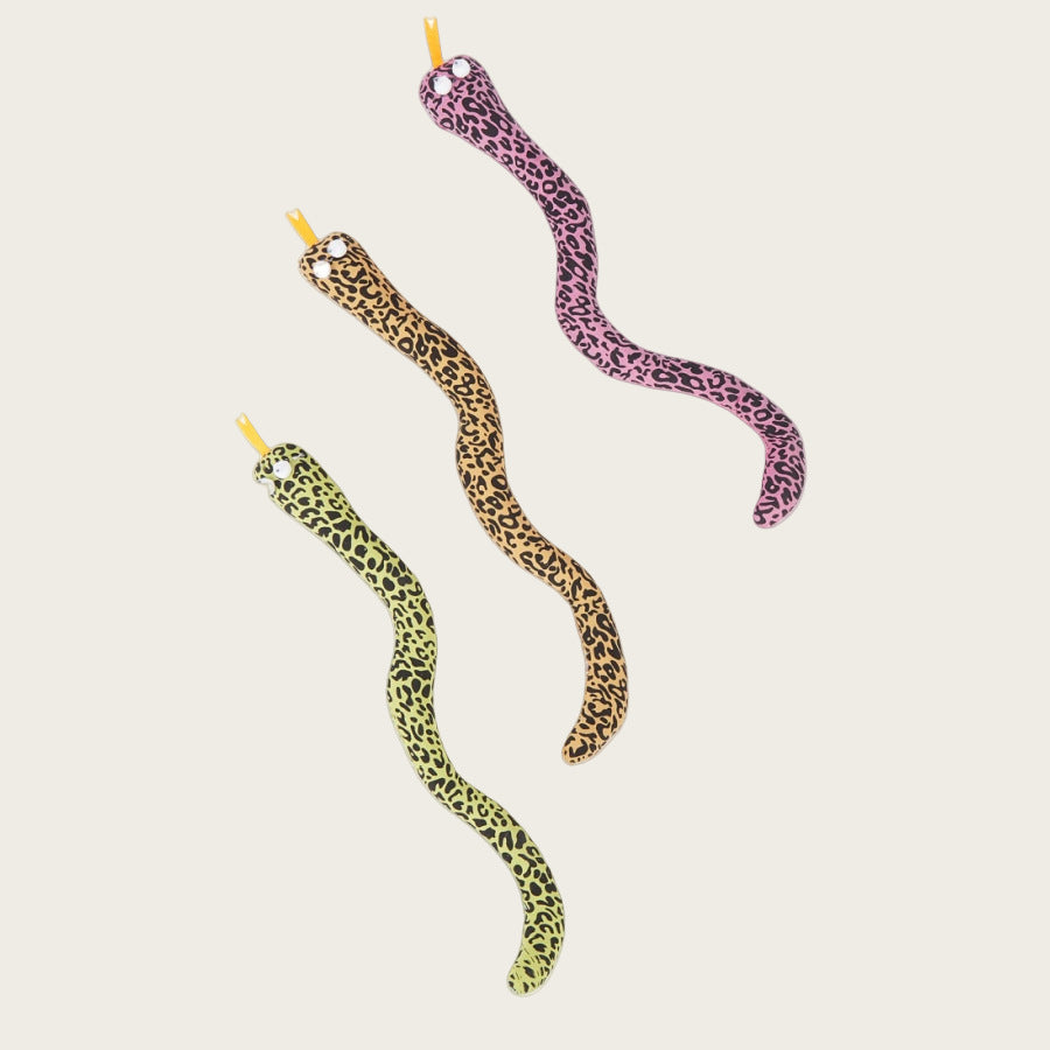 Pink, yellow and green spotted snake-shaped cat toys displayed together