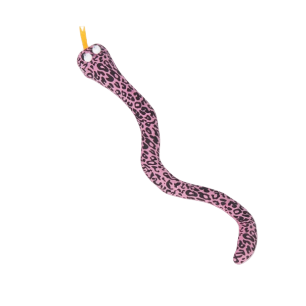 Pink spotted snake-shaped cat toy with raised eyes and forked tongue