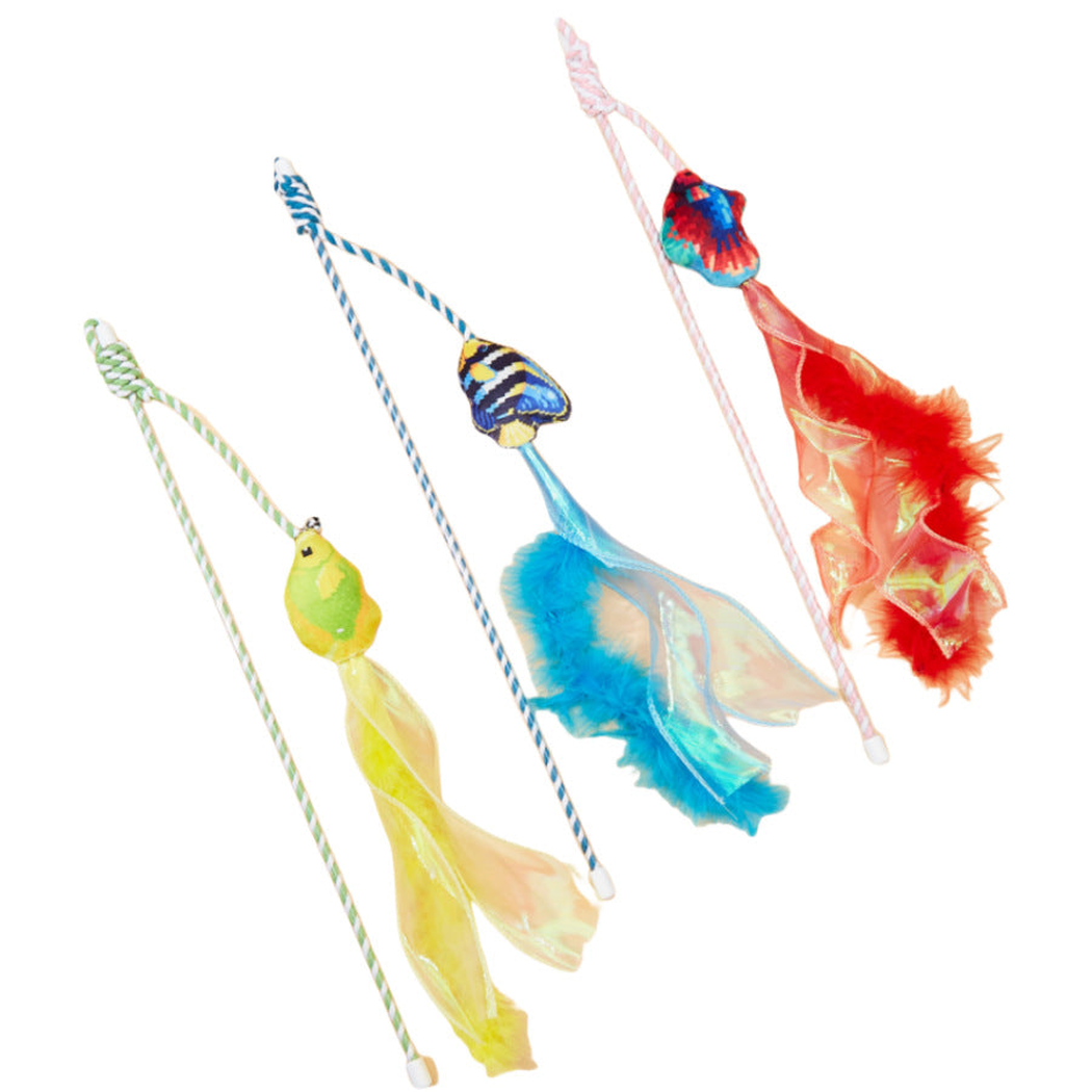 Red, blue and yellow fish wand cat toys with feather and ribbon streamers