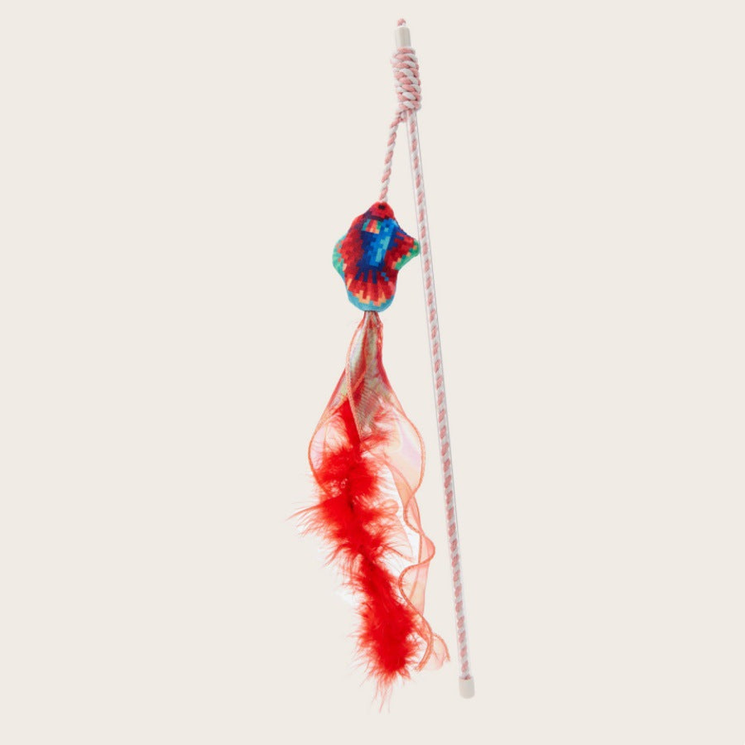 Red fish wand cat toy with feather and ribbon streamers
