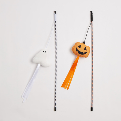 White ghost and orange pumpkin wand cat toys displayed together