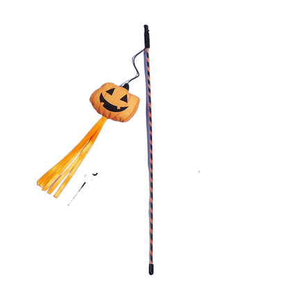 Orange pumpkin wand cat toy with labeled measurements
