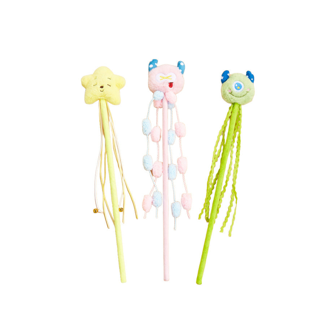 Alien, Monster and Star character wand cat toys on a white background